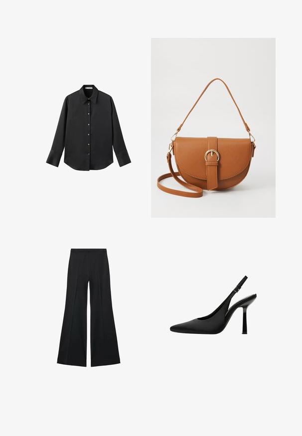 Svart långärmad skjorta i mjukt tyg, med klassisk krage, framknäppning med knappar i guldton och breda manschetter.; Svarta vida byxor med en slät textur, med framfickor och skräddarsydd design. Tyget är lätt och flödande.; Svart satin slingback pump med spetsig tå, stilren design och en hög, blank stiletto-klack. Justerbar ankelrem.; Brun läder crossbody-väska med en böjd form, gyllene detaljer och en spänneaccent. Har en avtagbar axelrem.