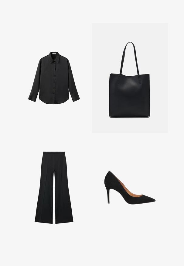 Cămașă neagră cu mâneci lungi dintr-un material neted, având un guler clasic, închidere frontală cu butoane aurii și manșete late.; Pantaloni negri cu croială largă, având o textură netedă, cu pliseuri frontale și un design croit. Materialul este ușor și fluid.; Pantofii cu toc înalt, din suede negru, cu vârf ascuțit, design elegant și toc stiletto. Au un interior căptușit neted.; Geantă tote neagră din piele, cu textură netedă, formă rectangulară și două mânere lungi. Fără hardware vizibil sau ornamente.