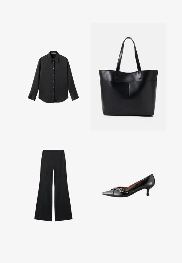 Zwarte lange mouwen shirt van gladde stof, met een klassieke kraag, een sluiting met knopen aan de voorkant met gouden knopen en brede manchetten.; Zwarte wijde-pijpen broek met een gladde textuur, gekenmerkt door voorplooien en een op maat gemaakte uitstraling. De stof is lichtgewicht en vloeiend.; Zwarte leren hoge hak schoen met een spitse neus,Decoratieve gesp- en banddetail en een taps toelopend hakontwerp. Gladde textuur overal.; Zwarte leren tote bag met twee lange handvatten, een zachte textuur en een gestructureerde vorm. Voorzien van een voorvak voor extra opslagruimte.
