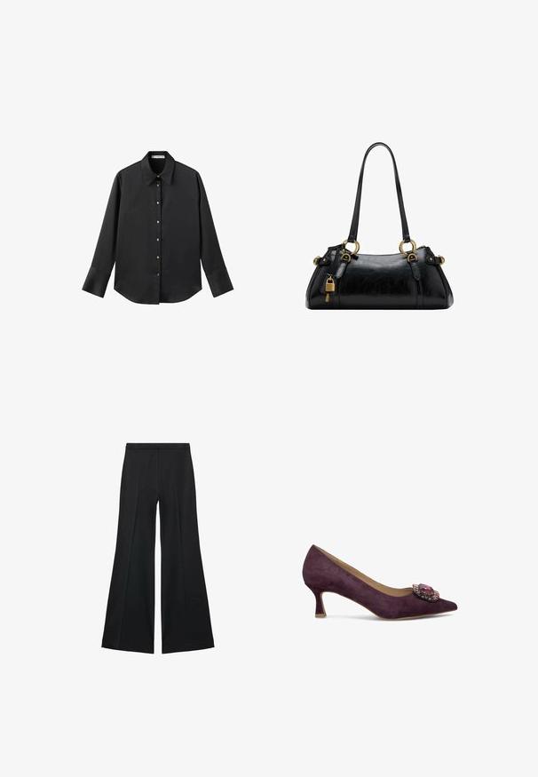Czarna koszula z długim rękawem z gładkiego materiału, z klasycznym kołnierzykiem, zapięciem na guziki z przodu w złotym odcieniu oraz szerokimi mankietami.; Czarne spodnie o szerokich nogawkach z gładką teksturą, z przodu ozdobione zakładkami i skrojonym fasonem. Materiał jest lekki i zwiewny.; Fioletowa zamszowa szpilka z wąskim noskiem i ozdobnym kryształowym akcentem na cholewce. Posiada niski, rozszerzający się obcas zapewniający stabilność.; Czarna skórzana torebka o gładkiej fakturze, zaokrąglonym kształcie, złotych akcentach metalowych i podwójnych uchwytach. Posiada dekoracyjny zamek z boku.