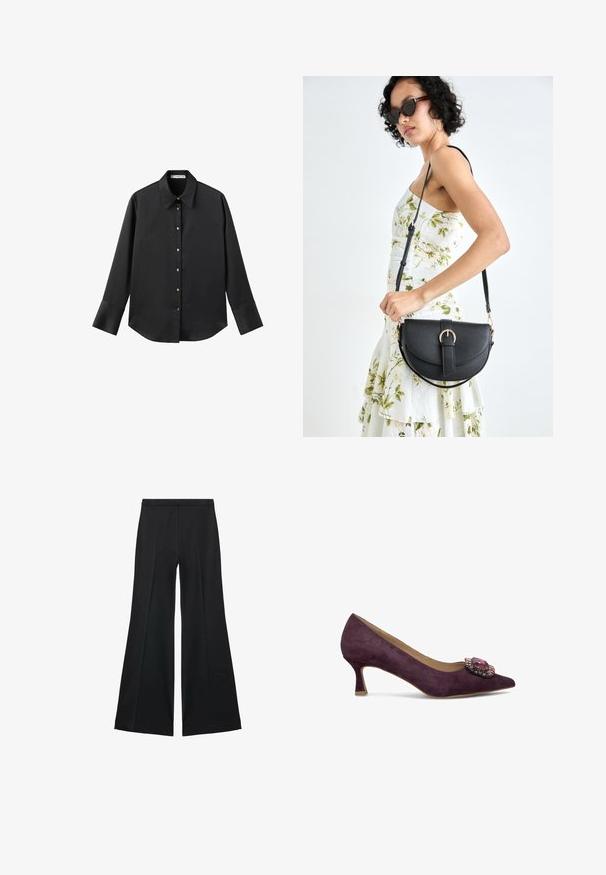 Black long-sleeve shirt in smooth fabric, featuring a classic collar, front button closure with gold-tone buttons, and wide cuffs.; Black wide-leg pants with a smooth texture, featuring front pleats and a tailored design. The fabric is lightweight and flowy.; Purple suede pump with a pointed toe and a decorative jeweled accent on the vamp. Features a low, flared heel for stability.; Black leather handbag with a curved shape, detachable strap, and gold hardware. The bag features a flap with a buckle detail.