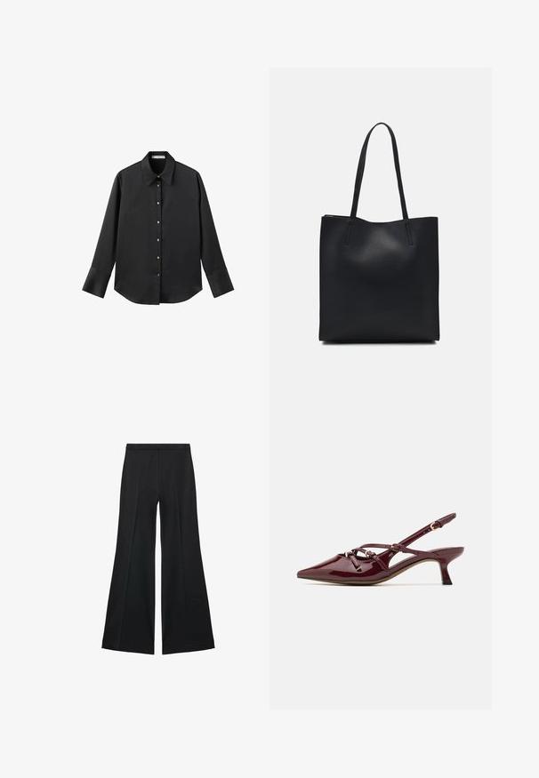 Black long-sleeve shirt in smooth fabric, featuring a classic collar, front button closure with gold-tone buttons, and wide cuffs.; Black wide-leg pants with a smooth texture, featuring front pleats and a tailored design. The fabric is lightweight and flowy.; Burgundy patent leather slingback shoe with pointed toe, small heel, decorative strap details, and a glossy finish.; Black leather tote bag with smooth texture, rectangular shape, and two long handles. No visible hardware or embellishments.
