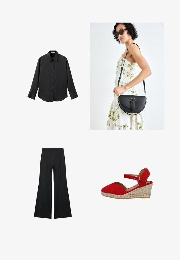 Black long-sleeve shirt in smooth fabric, featuring a classic collar, front button closure with gold-tone buttons, and wide cuffs.; Black wide-leg pants with a smooth texture, featuring front pleats and a tailored design. The fabric is lightweight and flowy.; Red suede espadrille wedge shoe with adjustable ankle strap, jute-wrapped platform, and rounded toe design. Textured heel accent.; Black leather handbag with a curved shape, detachable strap, and gold hardware. The bag features a flap with a buckle detail.