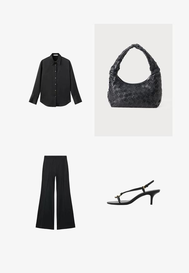 Černá dlouhá rukávová košile z hladkého materiálu, s klasickým límečkem, předním zapínáním na knoflíky ve zlatém tónu a širokými manžetami.; Černé kalhoty s širokými nohavicemi a hladkou texturou, s předními sklady a přizpůsobeným střihem. Materiál je lehký a splývavý.; Černé kožené sandály na kotníkovém podpatku s tenkými pásky, zlatou sponou a minimalistickým provlečením na prstech na bílém pozadí.; Černá kožená tkaná taška přes rameno s zaoblenou rukojetí a měsíčkovým tvarem na jednobarevném pozadí.