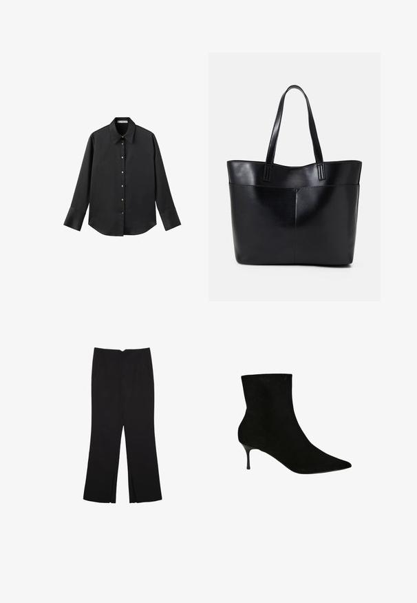 Sort langærmet skjorte i glat stof, med klassisk krave, frontlukning med guldtonede knapper og brede manchetter.; Sorte bukser med lige pasform, der har frontlommer og slidser i kanten. Lavet af blødt, glat stof. Velegnet til forskellige anledninger.; Sort ruskindsankelstøvle med spidse tæer og en slank stilettohæl. Glat tekstur og tætsiddende silhuet, som fremhæver designet.; Sort læder tote taske med to lange håndtag, en glat tekstur og en struktureret form. Har en forlommem for ekstra opbevaring.