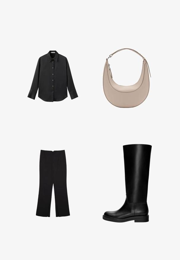 Sort langærmet skjorte i glat stof, med klassisk krave, frontlukning med guldtonede knapper og brede manchetter.; Sorte bukser med lige pasform, der har frontlommer og slidser i kanten. Lavet af blødt, glat stof. Velegnet til forskellige anledninger.; Sorte læderknæhøje støvler med en glat overflade, rund tå, diskret design og en lav blokhæl. Ingen synlig hardware eller mønstre.; Beige læder skuldertaske med en halvmåneform, glat overflade og et enkelt buet håndtag. Har en lynlåslukning og pæne syninger.
