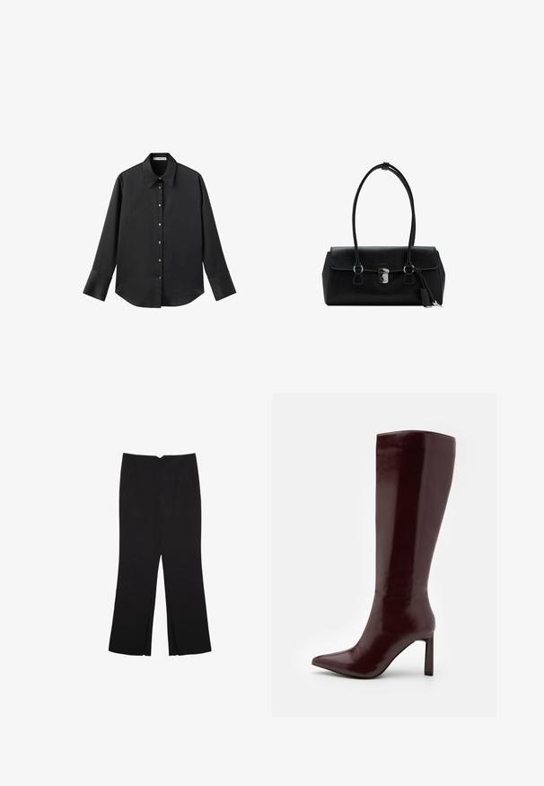 Chemise noire à manches longues en tissu lisse, dotée d'un col classique, d'une fermeture à boutons sur le devant avec des boutons dorés, et de larges poignets.; Pantalon noir avec une coupe droite, doté de poches avant et d'éclairs sur l'ourlet. Fabriqué en tissu doux et lisse. Convient à diverses occasions.; Even&Odd Bottes - dark red; Sac à main en cuir noir avec une texture lisse, au design structuré, doté de deux poignées et d'un détail en métal argenté au centre.