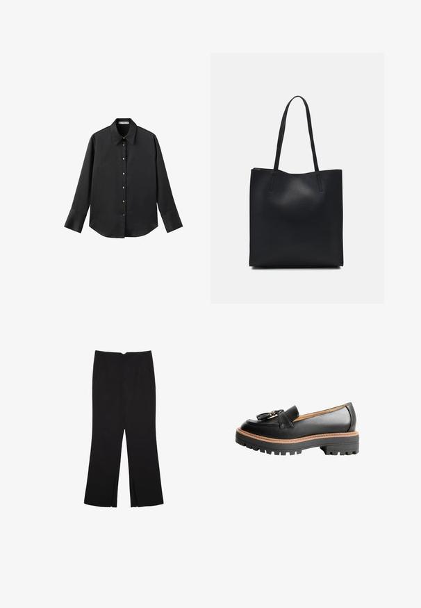 Sort langærmet skjorte i glat stof, med klassisk krave, frontlukning med guldtonede knapper og brede manchetter.; Sorte bukser med lige pasform, der har frontlommer og slidser i kanten. Lavet af blødt, glat stof. Velegnet til forskellige anledninger.; Sort læder loafersko med rund tå, dekorativ sløjfedetalje og en kraftig sort gummisål med kontrasterende brun syning.; Sort læder tote taske med glat tekstur, rektangulær form og to lange hanke. Ingen synlig hardware eller udsmykninger.