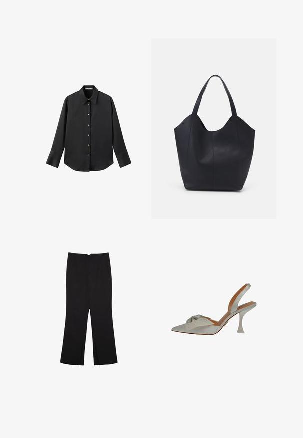 Schwarz langärmliges Hemd aus glattem Stoff, mit klassischem Kragen, frontaler Knopfleiste mit goldfarbenen Knöpfen und breiten Manschetten.; Schwarze Hose mit geradem Schnitt, ausgestattet mit Fronttaschen und Seitenschlitzen am Saum. Hergestellt aus weichem, glattem Stoff. Geeignet für verschiedene Anlässe.; Weiße Satin-Slingback-Schuhe mit spitzer Zehenpartie, verziert mit silberner Perlenschnur. Sie verfügen über einen schlanken, klaren Absatz und ein strukturiertes, dekoratives Detail im Obermaterial.; Schwarze Tote-Bag aus glattem Leder, mit einem abgerundeten, offenen Oberteil, zwei Schulterträgern und einem minimalistischen Design.