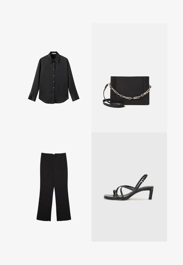 Črna majica z dolgimi rokavi iz gladkega materiala, z klasičnim ovratnikom, sprednjim zapiranjem na gumbe z zlatimi gumbi in širokimi manšetami.; Črne hlače ravnega kroja z naglavnimi žepi in stranskimi razporki na robu. Narejene iz mehke, gladke tkanine. Primerne za različne priložnosti.; Črne natikače s trakovi in kvadratnim prstom ter nizkim blokastim peto. Imajo več tankih trakov in nastavljiv trak okoli gležnja. Narejene so iz gladkega usnja.; Črna usnjena torba čez ramo z gladko teksturo, pravokotno obliko in kovinskim verižnim detajlom spredaj. Vključena je nastavljiva naramnica.
