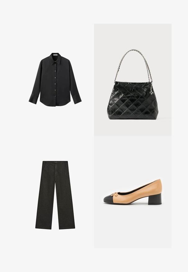 Schwarz langärmliges Hemd aus glattem Stoff, mit klassischem Kragen, frontaler Knopfleiste mit goldfarbenen Knöpfen und breiten Manschetten.; Schwarz-weiße, weit geschnittene Jeans mit mittelhohem Bund, zwei Vorderentaschen und einem klaren, minimalistischen Design ohne sichtbare Verzierungen.; Beige Lederpumps mit einer schwarzen, runden Zehenpartie, kleinen Schleifendetails und einem niedrigen Blockabsatz. Glatte Textur und eine klassische Silhouette.; Schwarze gesteppte Lederhandtasche mit einem silbernen Kettenhenkel, die ein strukturiertes Design und eine glatte Textur aufweist.