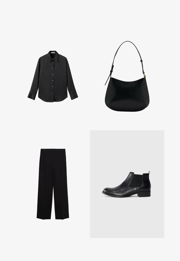 Črna majica z dolgimi rokavi iz gladkega materiala, z klasičnim ovratnikom, sprednjim zapiranjem na gumbe z zlatimi gumbi in širokimi manšetami.; Črne široke hlače iz gladkega materiala, z gubami spredaj in stranskimi žepi, zasnovane v ravnem, sproščenem kroju.; Črne usnjene Chelsea gležnjarje z elastičnimi stranskimi paneli, zaobljenim prstom, zanko na hrbtni strani in nizko blokasto peto. Gladka tekstura.; Črna usnjena torba za ramo z gladko teksturo, ukrivljeno obliko in nastavljivim ročajem. Ima minimalno šivljenje in preprost dizajn.