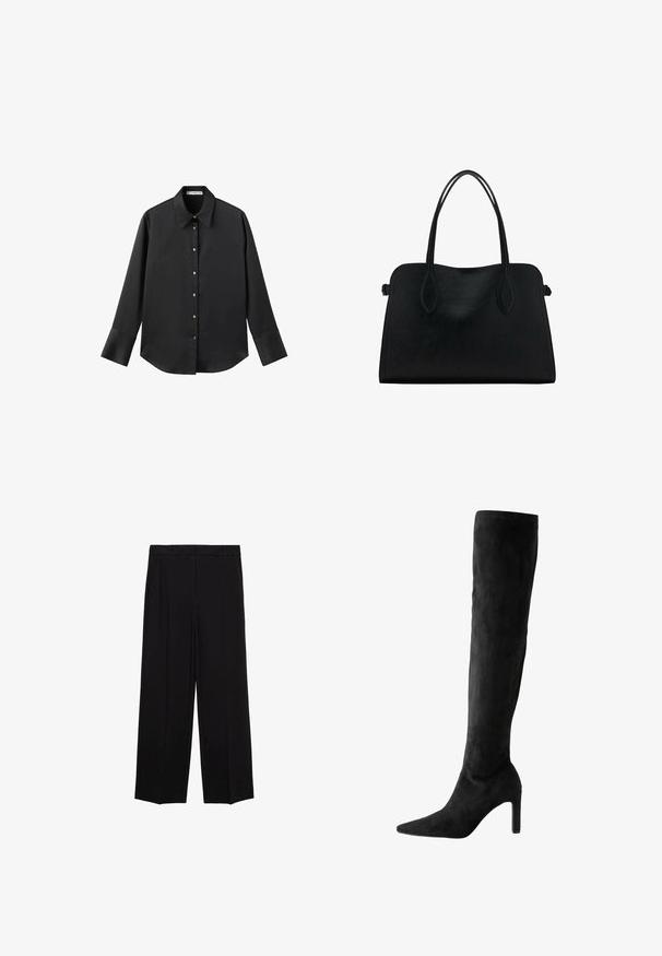 Čierna dlhá rukávová košeľa z hladkého materiálu, s klasickým golierom, predným zapínaním na gombíky so zlatými gombíkmi a širokými manžetami.; Čierne široké nohavice s hladkým materiálom, s plisovaním vpredu a bočnými vreckami, navrhnuté v rovnom a uvoľnenom strihu.; Čierne semišové čižmy po kolená s ihlovým podpätkom a špicatou špičkou, s hladkým povrchom, úzkym vysokým podpätkom a bezšvovým dizajnom.; Čierna kožená kabelka s dvojitými popruhmi na rameno, obdĺžnikový tvar a minimalistický dizajn na bielom pozadí.