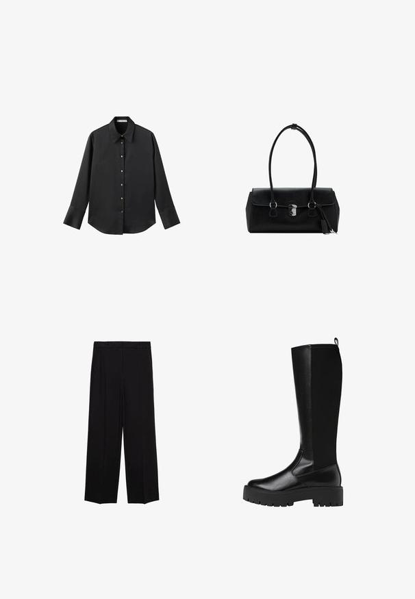 Black long-sleeve shirt in smooth fabric, featuring a classic collar, front button closure with gold-tone buttons, and wide cuffs.; Black wide-leg trousers with a smooth fabric, featuring pleats at the front and side pockets, designed with a straight, relaxed cut.; Knee-high black synthetic boots with a smooth, textured finish and chunky rubber sole. Features a pull tab at the back for easy wear.; Black leather handbag with a smooth texture, structured design, dual handles, and a silver clasp detail at the center.