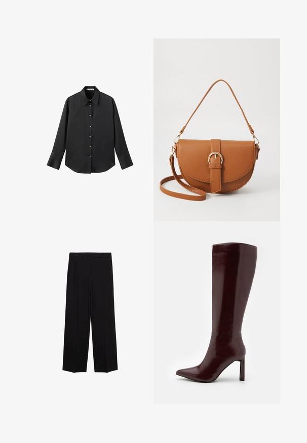 Črna majica z dolgimi rokavi iz gladkega materiala, z klasičnim ovratnikom, sprednjim zapiranjem na gumbe z zlatimi gumbi in širokimi manšetami.; Črne široke hlače iz gladkega materiala, z gubami spredaj in stranskimi žepi, zasnovane v ravnem, sproščenem kroju.; Even&Odd Škornji - dark red; Rjava usnjena torbica prek telesa s ukrivljeno obliko, zlate opreme in sponko. Ima odstranljiv naramni trak.