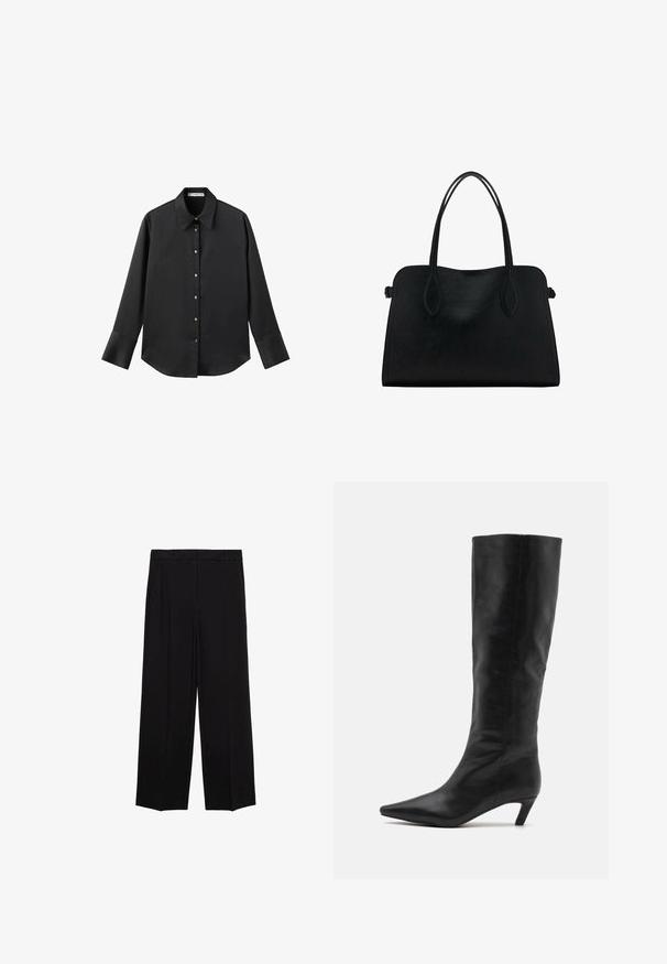 Czarna koszula z długim rękawem z gładkiego materiału, z klasycznym kołnierzykiem, zapięciem na guziki z przodu w złotym odcieniu oraz szerokimi mankietami.; Czarne spodnie o szerokich nogawkach z gładkiego materiału, z plisami z przodu i bocznymi kieszeniami, zaprojektowane w prostym, luźnym kroju.; RAID FLAURA czarny; Czarna skórzana torba na ramię z podwójnymi paskami, prostokątny kształt i minimalistyczny design na białym tle.