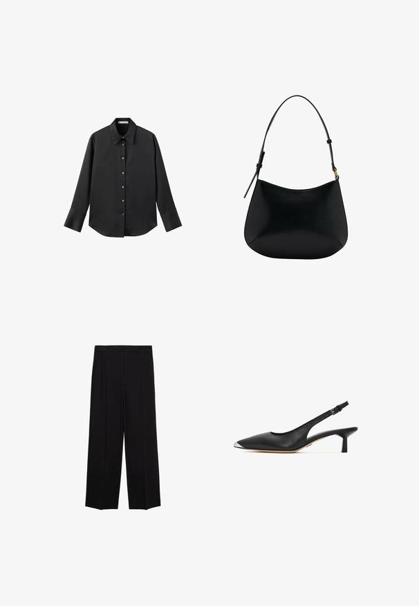 Chemise noire à manches longues en tissu lisse, dotée d'un col classique, d'une fermeture à boutons sur le devant avec des boutons dorés, et de larges poignets.; Pantalons larges noirs en tissu lisse, avec des plis sur le devant et des poches latérales, conçus avec une coupe droite et décontractée.; Chaussure noire en cuir à talon slingback, avec un bout pointu, un capuchon argenté, un talon bas en bloc et un design ouvert à l'arrière. Texture lisse et detailing minimal.; Sac à épaule en cuir noir avec une texture lisse, une forme courbe et une poignée ajustable. Présente des coutures minimales et un design simple.