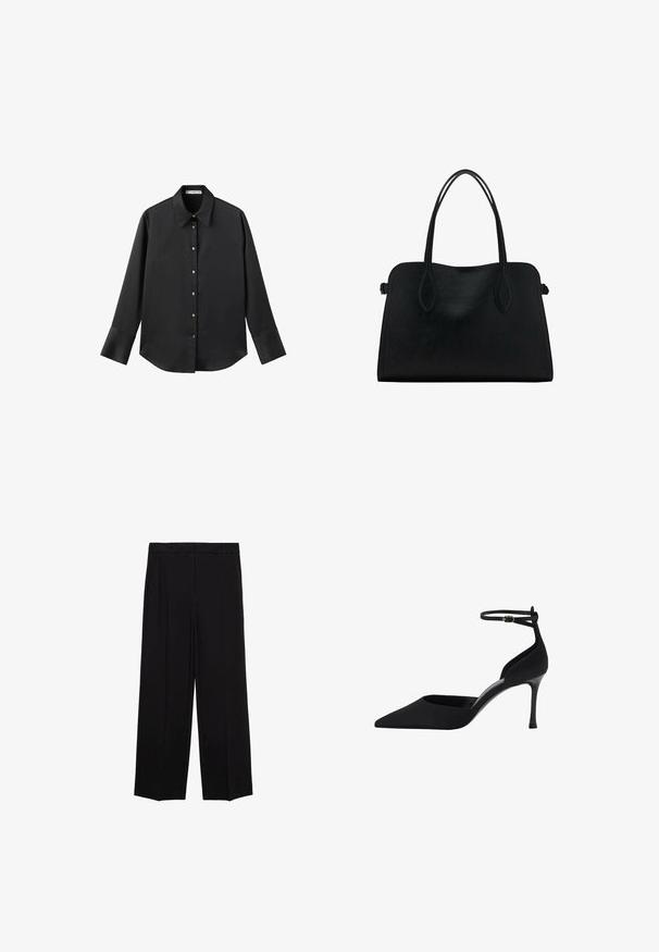 Crna košulja dugih rukava od glatkog materijala, s klasičnim ovratnikom, prednjim kopčanjem na dugmad u boji zlatne i širokim manžetnama.; Crne hlače širokog kroja od glatkog materijala, s plisama sprijeda i bočnim džepovima, dizajnirane s ravnim, opuštenim krojem.; Crne čarape sa šiljastim vrhom, visokom tankom potpeticom, otvorenom petom i kaišem oko gležnja. Izrađene od glatkog materijala s elegantnim dizajnom.; Crna kožna torba s dvostrukim naramenicama, pravokutnog oblika i minimalističkim dizajnom na bijeloj pozadini.