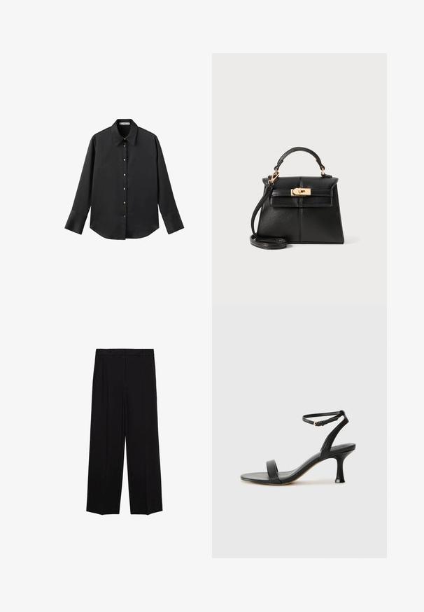 Black long-sleeve shirt in smooth fabric, featuring a classic collar, front button closure with gold-tone buttons, and wide cuffs.; Black wide-leg trousers with a smooth fabric, featuring pleats at the front and side pockets, designed with a straight, relaxed cut.; Black leather heeled sandal with an ankle strap, featuring a sleek design, open toe, and a tapered heel for a streamlined silhouette.; Black leather handbag with a structured design, top handle, detachable strap, and gold-tone hardware on a magnetic closure.