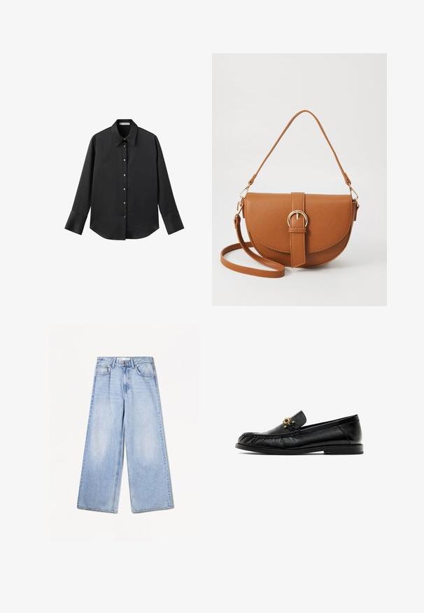 Schwarz langärmliges Hemd aus glattem Stoff, mit klassischem Kragen, frontaler Knopfleiste mit goldfarbenen Knöpfen und breiten Manschetten.; Bershka WIDE-LEG - Wide Leg - light-blue denim; Schwarze Lederloafer mit runder Zehenform, strukturiertem Obermaterial und goldfarbener Hardware-Akzent auf dem Vorderblatt. Flache Sohle mit minimalem Profil.; Braune Leder-Crossbody-Tasche mit geschwungener Form, goldfarbenen Beschlägen und einer Schnallenakzentuierung. Verfügt über einen abnehmbaren Schultergurt.; Silberne Creolen mit einer glatten, polierten Oberfläche. Eine Ohrringe ist ein vollständiger Ring, während die andere teilweise geöffnet ist und ein minimalistisches Design zeigt.