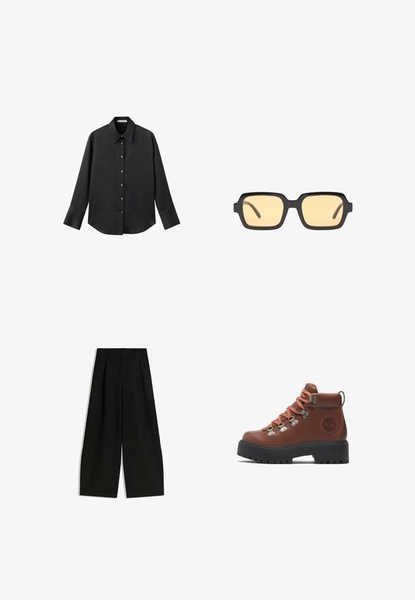 Maglietta nera a maniche lunghe in tessuto morbido, con colletto classico, chiusura frontale con bottoni dorati e polsini ampi.; Pantaloni neri a gamba larga realizzati in tessuto liscio, con vita alta, pieghe frontali e senza decorazioni visibili o fantasie.; Stivale da trekking in pelle marrone con lacci arancioni, occhielli metallici e suola in gomma. Presenta una superficie testurizzata e un logo sul lato.; Occhiali da sole neri a forma rettangolare con lenti gialle, montatura leggera e angoli distintivi sui templi. Finitura liscia e lucida.