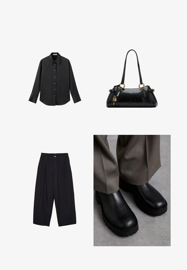 Maglietta nera a maniche lunghe in tessuto morbido, con colletto classico, chiusura frontale con bottoni dorati e polsini ampi.; Pantaloni culotte neri in poliestere con una cintura elastica, due pieghe frontali e una silhouette ampia. Nessun motivo visibile o dettagli in metallo.; Stivali neri in pelle con suola in gomma spessa, caratterizzati da una superficie liscia e punta rotonda, abbinati a pantaloni oliva larghi.; Borsa a mano in pelle nera con una texture liscia, forma arrotondata, dettagli in hardware dorato e doppi manici. Presenta un lucchetto decorativo sul lato.