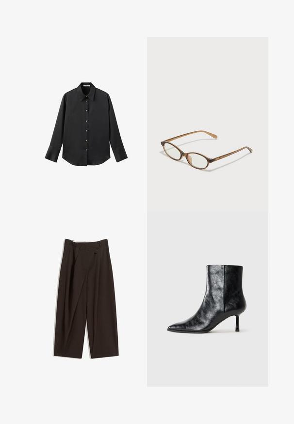 Černá dlouhá rukávová košile z hladkého materiálu, s klasickým límečkem, předním zapínáním na knoflíky ve zlatém tónu a širokými manžetami.; Tmavě hnědé široké kalhoty s vysokým pasem, vybavené jedním tlačítkem na zapínání a plisovaným předním dílem. Vyrobené z lehkého materiálu.; Černá kožená kotníková bota s špičatou špičkou a tenkým, krátkým podpatkem. Vyznačuje se texturovaným povrchem a čistým designem bez švů po stranách.; Hnědé želvovinové brýle s oválnými skly, tenkými bočními nohami a průhlednými akcenty. Obsahují decentní logo na stranu. Elegantní, lehký design.