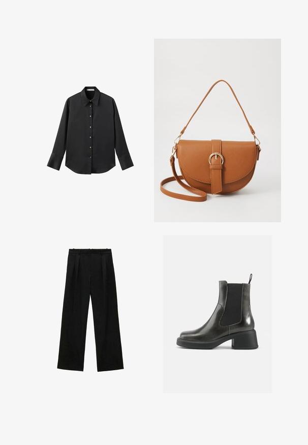 Černá dlouhá rukávová košile z hladkého materiálu, s klasickým límečkem, předním zapínáním na knoflíky ve zlatém tónu a širokými manžetami.; Černé široké kalhoty s plisováním, s hladkou texturou a vysokým pasem. Minimalistický styl, žádné viditelné kovové prvky nebo ozdoby.; Černé kožené kotníkové boty s hladkým povrchem, elastickými bočními panely a masivním podpatkem. Obsahují poutko pro snadnější nazouvání.; Hnědá kožená křížová taška s zakřiveným tvarem, zlatými detaily a akcentem s přezkou. Obsahuje odnímatelný popruh na rameno.