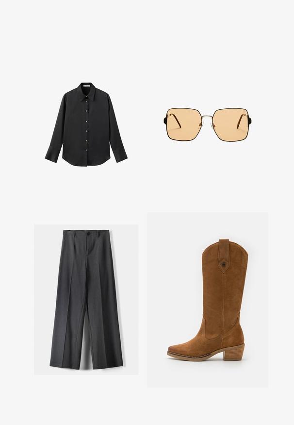 Maglietta nera a maniche lunghe in tessuto morbido, con colletto classico, chiusura frontale con bottoni dorati e polsini ampi.; Pantaloni a gamba larga in tessuto grigio scuro, dotati di chiusura con bottone, pieghe frontali e passanti per cintura. Texture liscia con un design su misura.; Stivale in suede marrone fino al ginocchio con leggermente punta appuntita, tacco impilato, cuciture decorative e un accento triangolare vicino alla parte superiore.; Occhiali da sole quadrati con lenti marroni e una sottile montatura in metallo nero. Presentano tempie angolari e naselli regolabili per il massimo comfort.; Borsa tote bianca e nera con parte superiore arrotondata, caratterizzata da un motivo a bolle, realizzata in materiale morbido e dotata di due robuste maniglie in tessuto.