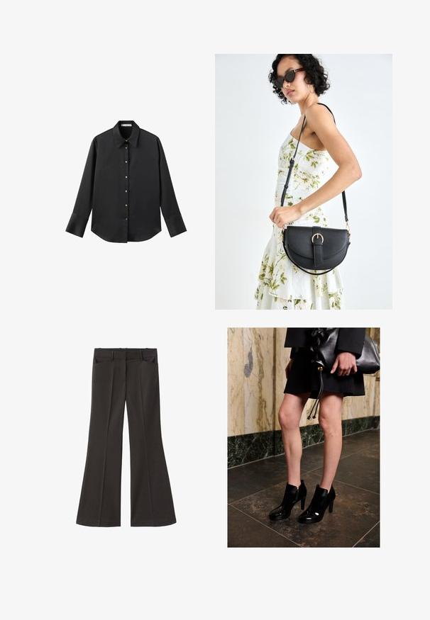 Svart långärmad skjorta i mjukt tyg, med klassisk krage, framknäppning med knappar i guldton och breda manschetter.; Svarta utsvängda byxor med hög midja; har två framfickor och en mjuk tygtextur. Lämpliga för olika tillfällen.; Kvinna som bär svarta ankelskor och en svart kjol, håller i en stor svart läderväska, står på ett mörkt kaklat golv nära en marmorvägg.; Svart läderhandväska med en böjd form, avtagbar rem och guldiga detaljer. Väskan har ett lock med en spänndetalj.