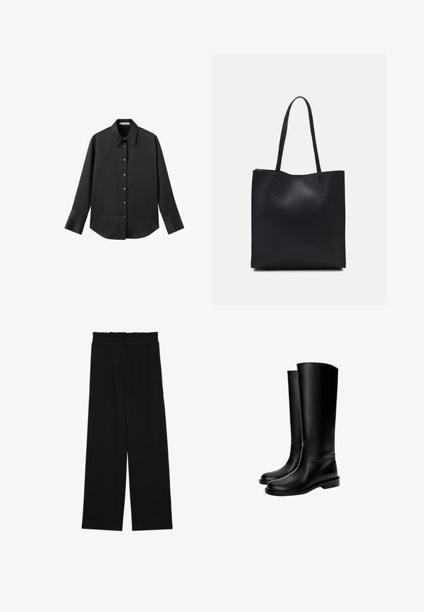 Cămașă neagră cu mâneci lungi dintr-un material neted, având un guler clasic, închidere frontală cu butoane aurii și manșete late.; Pantaloni largi negri cu un tiv volant, cu două buzunare laterale și un material neted, ușor. Fără modele vizibile sau accesorii.; Cizme din piele negre, până la genunchi, cu o textură netedă, vârf rotund, talpă plată și un design minimalistic, având cusături vizibile și fără hardware. ; Geantă tote neagră din piele, cu textură netedă, formă rectangulară și două mânere lungi. Fără hardware vizibil sau ornamente.