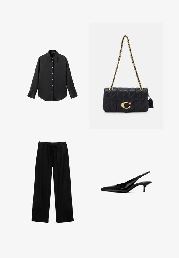 Chemise noire à manches longues en tissu lisse, dotée d'un col classique, d'une fermeture à boutons sur le devant avec des boutons dorés, et de larges poignets.; Pantalons larges noirs en tissu léger avec une taille élastique et un cordon de serrage. Design simple, sans motifs ni accessoires.; Chaussure slingback à bout pointu noir avec une finition en cuir brillant et un petit talon fin. Présente une découpure sur le côté pour une meilleure respirabilité.; Sac à main matelassé noir avec une bandoulière en chaîne dorée, présentant un fermoir doré distinctif et une petite étiquette, mettant en valeur une surface en cuir texturé.