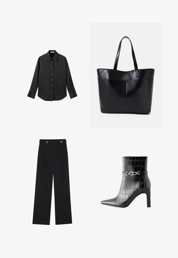 Black long-sleeve shirt in smooth fabric, featuring a classic collar, front button closure with gold-tone buttons, and wide cuffs.; Black wide-leg trousers with high waist, button details on waistband, and front pleats.; Black faux crocodile leather ankle boot with pointed toe, high heel, and silver chain accent around the ankle. Smooth texture and sleek design.; Black leather tote bag with two long handles, a smooth texture, and a structured shape. Features a front pocket for additional storage.
