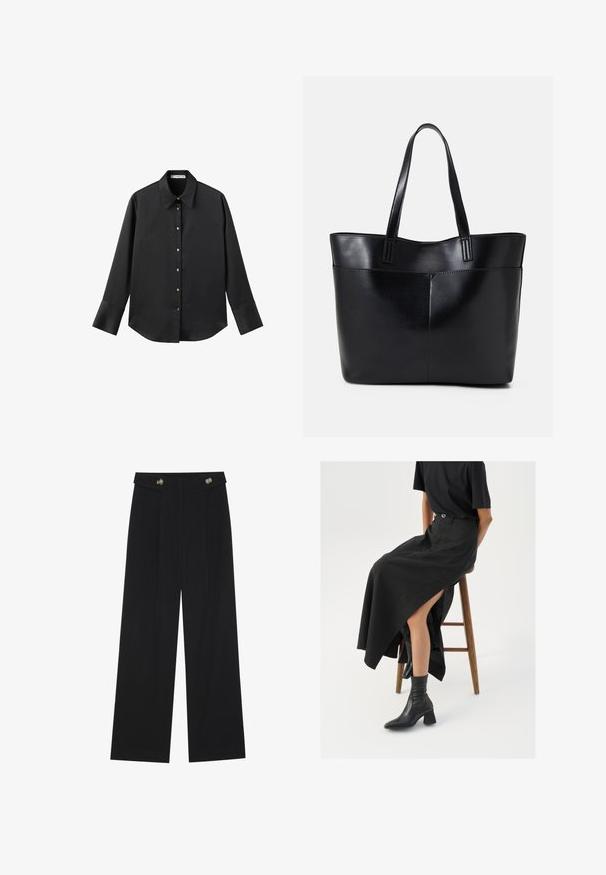 Črna majica z dolgimi rokavi iz gladkega materiala, z klasičnim ovratnikom, sprednjim zapiranjem na gumbe z zlatimi gumbi in širokimi manšetami.; Črne široke hlače s visokim pasom, gumbnimi detajli na pasu in sprednjimi gubami.; Črna lanena maxi krilo z visokim razporkom, oblečeno s črno majico in črnimi gležnjarji. Minimalističen dizajn z udobnim krojem.; Črna usnjena torba z dvema dolgima ročajema, gladko teksturo in strukturirano obliko. Ima sprednji žep za dodatno shranjevanje.