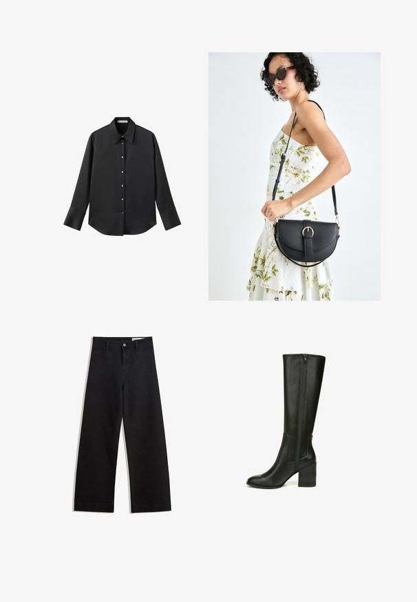 Black long-sleeve shirt in smooth fabric, featuring a classic collar, front button closure with gold-tone buttons, and wide cuffs.; Black wide-leg denim pants with a high waist, featuring front and back pockets, stitched seams, and a button closure. Smooth texture.; Black knee-high leather boots with a pointed toe, textured block heel, and side zipper detailing. Smooth finish and fitted design.; Black leather handbag with a curved shape, detachable strap, and gold hardware. The bag features a flap with a buckle detail.