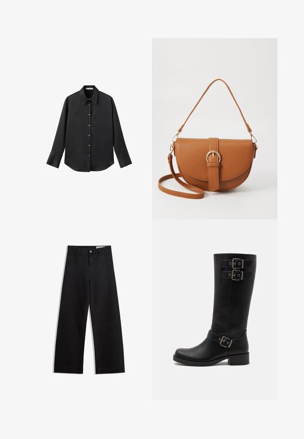 Czarna koszula z długim rękawem z gładkiego materiału, z klasycznym kołnierzykiem, zapięciem na guziki z przodu w złotym odcieniu oraz szerokimi mankietami.; Czarne dżinsowe spodnie o szerokich nogawkach i wysokim stanie, z przednimi i tylnymi kieszeniami, przeszyciami oraz zapięciem na guziki. Gładka struktura.; Czarne wysokie kozaki wykonane z gładkiej skóry, z dwoma srebrnymi klamrami i słupkowym obcasem. Design jest elegancki i nowoczesny.; Brązowa skórzana torba na ramię o zaokrąglonym kształcie, ze złotymi akcentami i zapięciem w formie klamry. Posiada odpinany pasek na ramię.