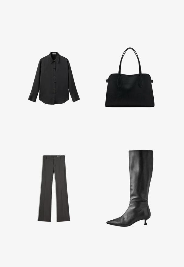 Zwarte lange mouwen shirt van gladde stof, met een klassieke kraag, een sluiting met knopen aan de voorkant met gouden knopen en brede manchetten.; Grijze flared broeken van een gladde stof, met een platte voorkant, riemlussen en een op maat gemaakt ontwerp met strakke lijnen.; Zwarte leren kniehoge laars met een spitse neus en een kleine blokhak, met een gladde textuur en een strakke silhouet.; Zwarte leren handtas met dubbele schouderriemen, rechthoekige vorm en minimalistisch ontwerp op een witte achtergrond.