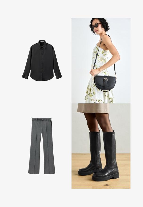 Svart långärmad skjorta i mjukt tyg, med klassisk krage, framknäppning med knappar i guldton och breda manschetter.; Grå skräddarsydda byxor med rak bendesign, lättviktsmaterial, bälteshällor och ett smalt bälte med en silverfärgad spänne.; Svarta knähöga stövlar i läder med en slät yta, som har en tjock gummisula och en sidodragkedja för enkel påtagning.; Svart läderhandväska med en böjd form, avtagbar rem och guldiga detaljer. Väskan har ett lock med en spänndetalj.