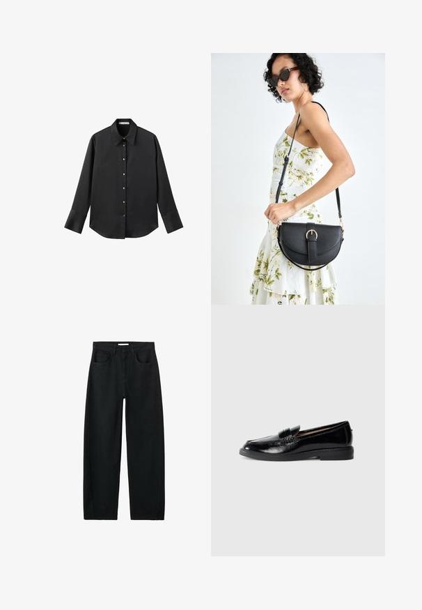 Crna košulja dugih rukava od glatkog materijala, s klasičnim ovratnikom, prednjim kopčanjem na dugmad u boji zlatne i širokim manžetnama.; Crne traperice ravnog kroja s visokim strukom, prednjim džepovima, petljama za remen i vidljivim šavovima na bijeloj pozadini.; Crni sjajni kožni loafer s zaobljenim prstima, niskim potpeticama, ukrasnom trakom i glatkom potplatom na jednostavnoj svijetlosivoj pozadini.; Crna kožna torba s lukovitim oblikom, odvojivim remenom i zlatnim detaljima. Torba ima preklop s kopčom.