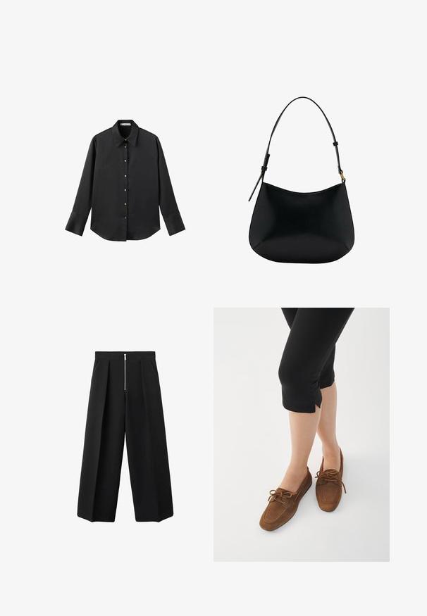 Czarna koszula z długim rękawem z gładkiego materiału, z klasycznym kołnierzykiem, zapięciem na guziki z przodu w złotym odcieniu oraz szerokimi mankietami.; Czarne spodnie o szerokich nogawkach z fałdami z przodu i widocznym srebrnym zamkiem błyskawicznym w talii, płaski przód i boczne kieszenie.; Brązowe zamszowe mokasyny z zaokrąglonym czubkiem, z akcentami sznurowania i niskim profilem. Noszone z czarnymi ściąganymi legginsami na białym tle.; Czarna skórzana torba na ramię o gładkiej fakturze, zaokrąglonym kształcie i regulowanym uchwycie. Charakteryzuje się minimalnym przeszyciem i prostym designem.