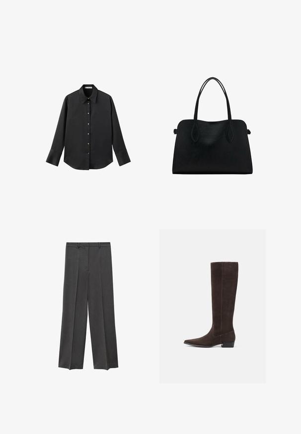 Chemise noire à manches longues en tissu lisse, dotée d'un col classique, d'une fermeture à boutons sur le devant avec des boutons dorés, et de larges poignets.; Pantalons larges gris avec une texture lisse, un devant plissé et des passants de ceinture. Fabriqués à partir d'un tissu tissé léger.; Bottes en suède marron jusqu'au genou avec un bout pointu et un petit talon bloc. Texture lisse, couture minimale et sans matériel ou accents proéminents.; Sac à main en cuir noir avec deux anses, de forme rectangulaire et au design minimaliste sur un fond blanc.