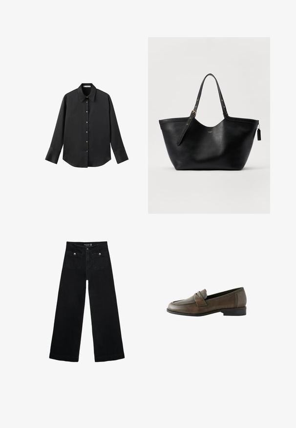 Maglietta nera a maniche lunghe in tessuto morbido, con colletto classico, chiusura frontale con bottoni dorati e polsini ampi.; Jeans neri a gamba larga con vita alta, dotati di due tasche frontali e dettagli in metallo sui bottoni. Il tessuto ha una texture liscia.; Mocassini in pelle marrone con punta rotonda, dettaglio della striscia frontale, design slip-on e tacco nero basso, caratterizzati da una texture liscia.; Borsa tote in pelle nera con una forma strutturata, doppio manico e dettagli in hardware dorato. Presenta una texture liscia e un'etichetta decorativa.