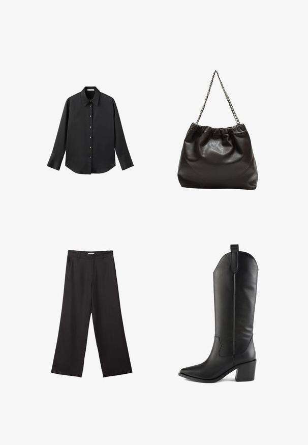 Černá dlouhá rukávová košile z hladkého materiálu, s klasickým límečkem, předním zapínáním na knoflíky ve zlatém tónu a širokými manžetami.; Černé široké kalhoty vyrobené z hladké tkaniny, s předním zipem a dvěma bočními kapsami, s dobře padnoucím střihem a minimalistickým designem.; Černé kožené vysoké kozačky se špičatou špičkou, blokovým podpatkem a dekorativním šitím. Hladký povrch s jemným leskem.; Hnědá kožená taška se sbíraným vrškem a řetízkovým popruhem. Hladký povrch s lesklým finišem a jemným švem na bocích.