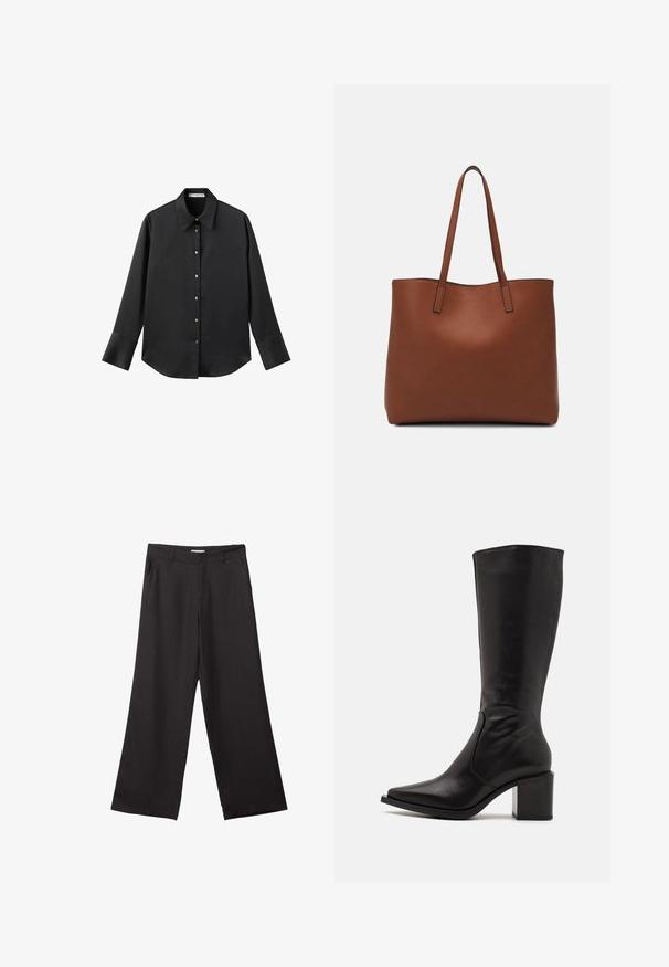 Svart långärmad skjorta i mjukt tyg, med klassisk krage, framknäppning med knappar i guldton och breda manschetter.; Svarta vida byxor i slät väv, med dragkedja fram och två sidofickor, med skräddarsydd passform och minimalistisk design.; Zign LEATHER - Stövel - black; Brun läder tote-väska med en slät textur, öppen toppdesign och två axelremmar. Har minimal söm och ingen synlig metalldetalj.
