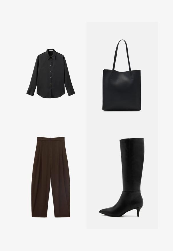 Black long-sleeve shirt in smooth fabric, featuring a classic collar, front button closure with gold-tone buttons, and wide cuffs.; Brown high-waisted trousers with pleats, made of smooth fabric. Loose fit, straight leg design, featuring belt loops and a zip fly.; Anna Field Boots - black; Black leather tote bag with smooth texture, rectangular shape, and two long handles. No visible hardware or embellishments.