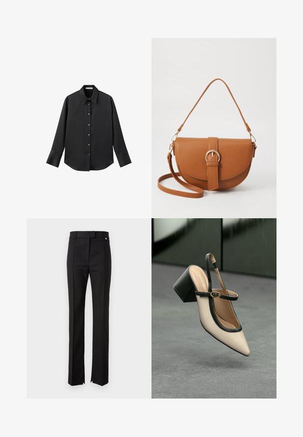 Zwarte lange mouwen shirt van gladde stof, met een klassieke kraag, een sluiting met knopen aan de voorkant met gouden knopen en brede manchetten.; Zwarte op maat gemaakte broek met een rechte pijp, voorzien van een tailleband met een knoopsluiting en zijopeningen aan de onderkant.; Beige puntige slingback schoen met zwarte rand, gouden gesp en een chunky blokhak op een grijze vloer met een donker groene achtergrond.; Bruine leren schoudertas met een gebogen vorm, gouden hardware en een gespaccent. Bevat een afneembare schouderriem.
