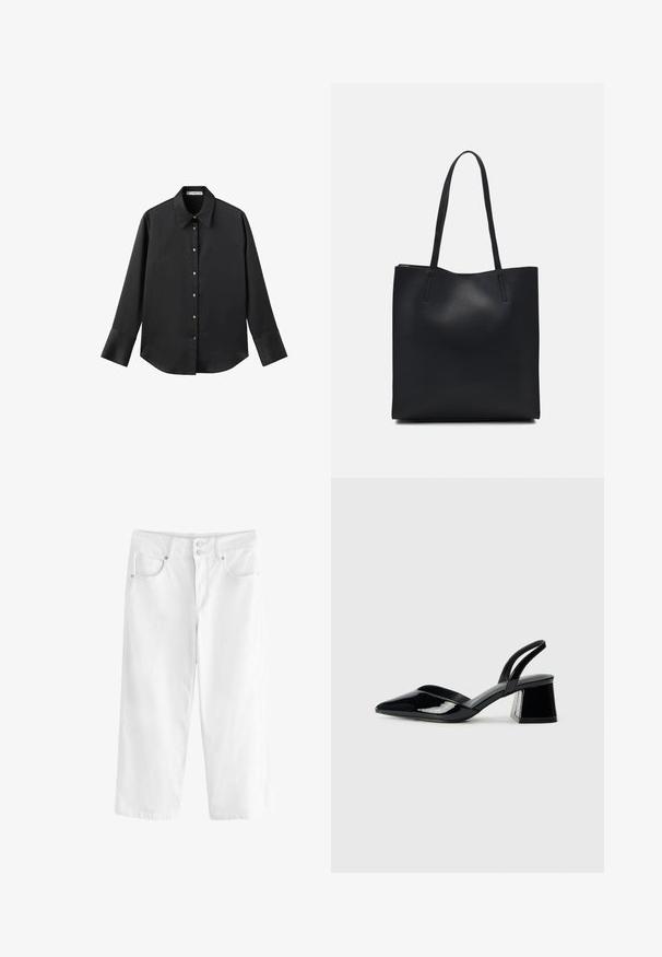 Schwarz langärmliges Hemd aus glattem Stoff, mit klassischem Kragen, frontaler Knopfleiste mit goldfarbenen Knöpfen und breiten Manschetten.; Weiße Denim-Culottes mit entspannter Passform, zwei vorderen Taschen und Knopfverschluss. Strukturierter Stoff mit genähten Nähten.; Schwarze Lackleder-Slingback-High Heels mit spitzem Schuh und einem geometrischen Blockabsatz. Verfügt über ein schlankes, minimalistisches Design und eine glatte Textur.; Schwarze Laptoptasche aus Leder mit glatter Textur, rechteckiger Form und zwei langen Griffen. Keine sichtbaren Beschläge oder Verzierungen.