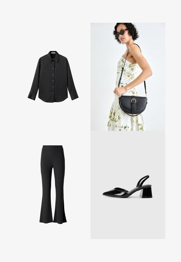 Black long-sleeve shirt in smooth fabric, featuring a classic collar, front button closure with gold-tone buttons, and wide cuffs.; Black ribbed flared pants with a comfortable waistband, featuring a textured surface and a wide leg opening.; Black patent leather slingback heels with a pointed toe and a geometric block heel. Features a sleek, minimal design and smooth texture.; Black leather handbag with a curved shape, detachable strap, and gold hardware. The bag features a flap with a buckle detail.