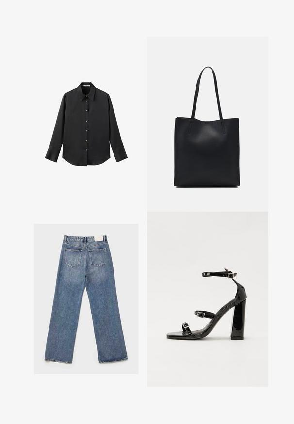 Črna majica z dolgimi rokavi iz gladkega materiala, z klasičnim ovratnikom, sprednjim zapiranjem na gumbe z zlatimi gumbi in širokimi manšetami.; Svijetloplave traperice širokog kroja. Dve zadnje džepove, izblijeđenu teksturu i oznaku na pojasu pozadi.; Črne lakirane sandale s peto, kvadratnim prstom, trakovi okrog gležnja in srebrnimi zaponkami. Opremljene so s stabilno Debelo peto.; Črna usnjena torba s svilnato teksturo, pravokotne oblike in dvema dolgima ročajema. Brez vidnih metalnih delov ali okrasnih elementov.