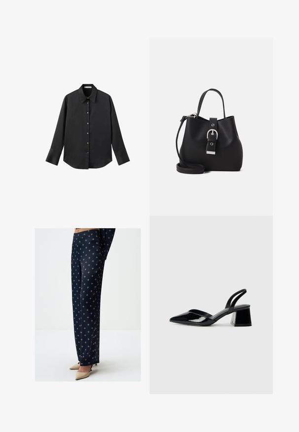 Czarna koszula z długim rękawem z gładkiego materiału, z klasycznym kołnierzykiem, zapięciem na guziki z przodu w złotym odcieniu oraz szerokimi mankietami.; Granatowe spodnie w wzór, o gładkiej fakturze, z geometrycznym wzorem w jasnych kolorach. Połączone z cielistymi szpilkami.; Czarne lakierowane półbuty na obcasie z wydłużonym noskiem i geometrycznym słupkiem. Charakteryzują się eleganckim, minimalistycznym designem oraz gładką fakturą.; Czarna torebka typu bucket wykonana z gładkiej skóry, o wyraźnie zarysowanym kształcie, z krótkim uchwytem oraz odpinanym paskiem na ramię. Srebrny detal z klamrą.